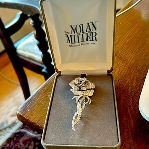 3.25” Nolan Miller signed Rose Pave Rhinestone Brooch flower Silvertone